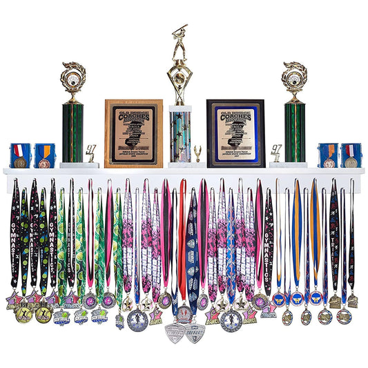 46.5"- Medal Awards Rack- The Largest Trophy Shelf and Medal Hanger Display - Multi-Sport Trophy and Medal Holder for Medal Display, Plaques, Pictures, Trophies, and More Solid Wood