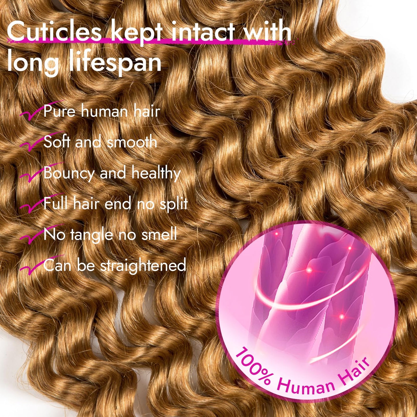 28 Inch Human Braiding Hair Deep Water Wave 4 Bundles/Pack 100g, Bulk Human Hair Braiding Hair for Boho Braids Honey Blonde, Curly Wet and Wavy Braiding Boho Human Hair for Braiding No Weft