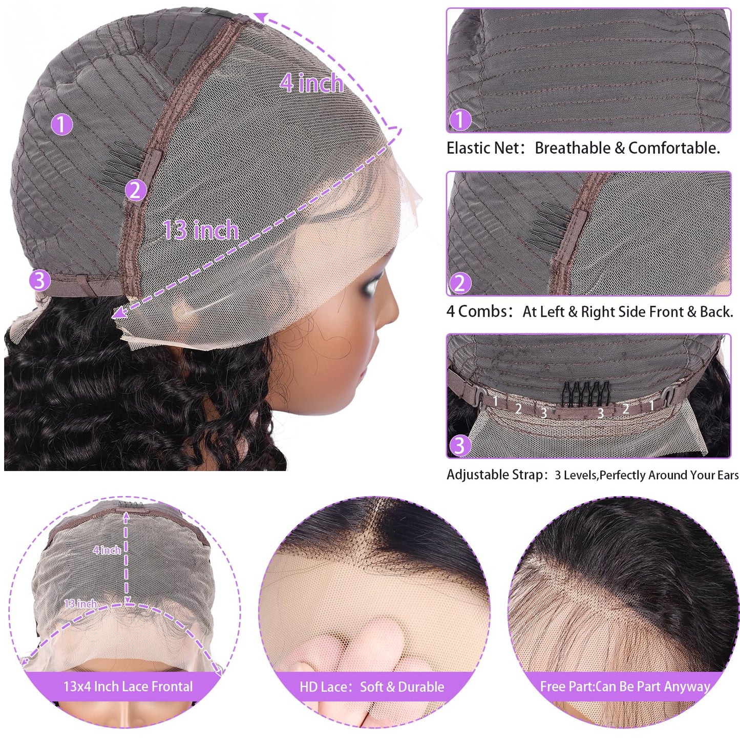 13x4 Deep Wave Lace Frontal Wigs Human Hair 180% Density Deep Curly HD Lace Front Wigs Human Hair for Black Women Pre Plucked with Baby Hair Natural Black 26 Inch