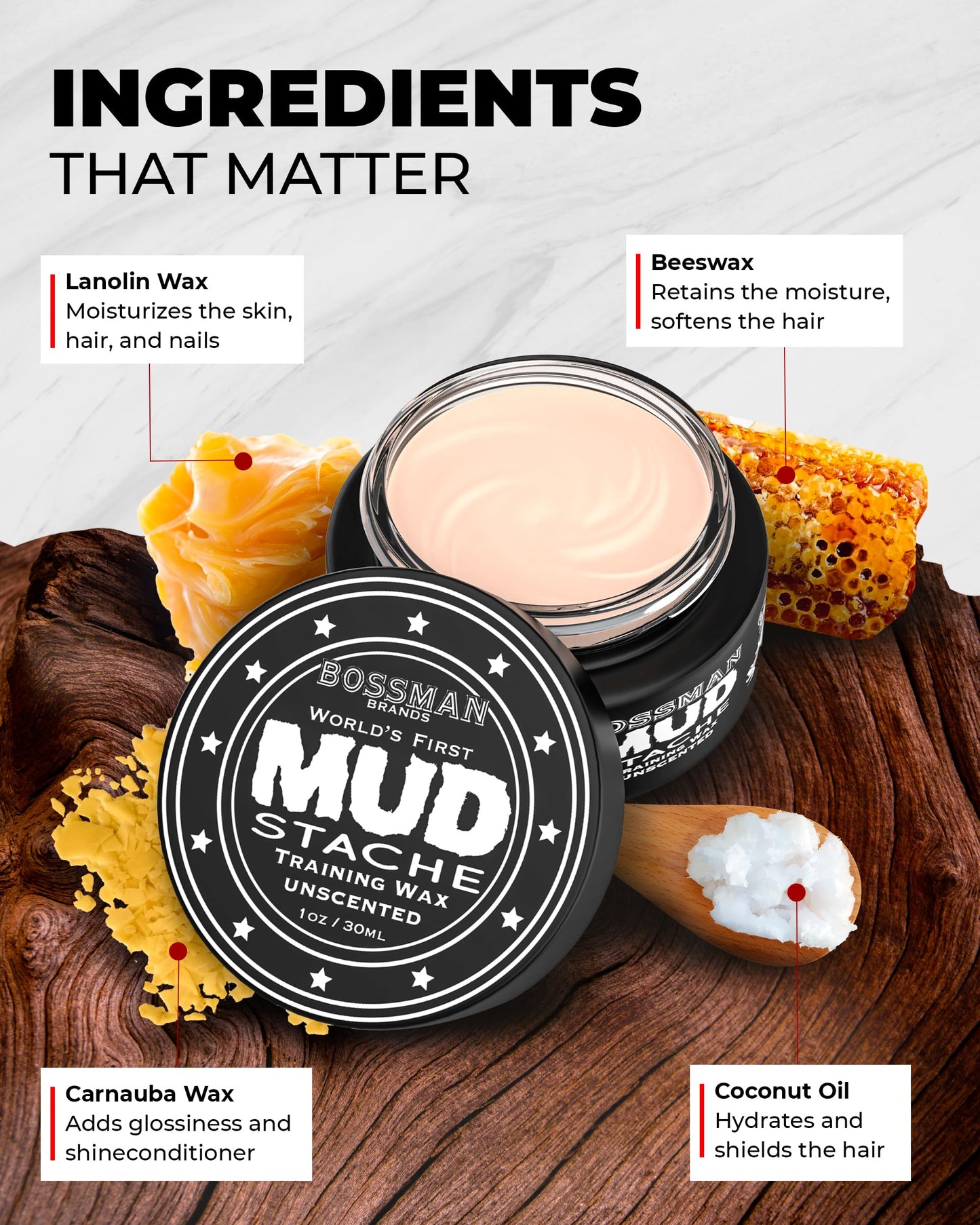 Bossman MUDstache Unscented Mustache Wax for Men & Acetate Folding Comb - Styling and Grooming Combo