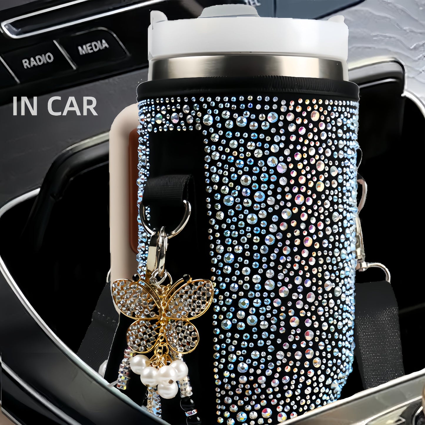 Water Bottle Carrier Bag for Stanley 40oz Tumbler - Stanley Cup Belt Bag with Adjustable Strap, Straw Cover & Pearl Bracelet - Stanley Cup Accessories(Black Diamond Pro)