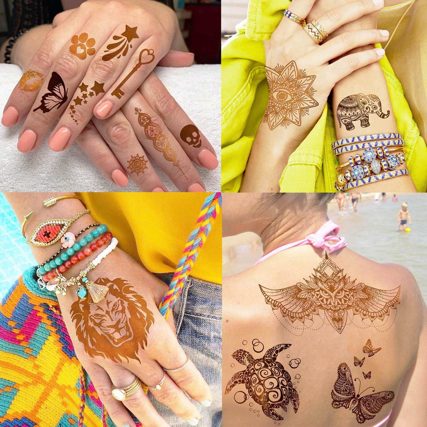 9 Sheets 99+ Design Flash Gold Metallic Temporary Tattoos For Women Adults, Glitter Bohemia Fake Tattoo Stickers Indian Tribal Elephant 3D Wolf Lion Snake Mandala Flower, Golden Butterfly Tattoos