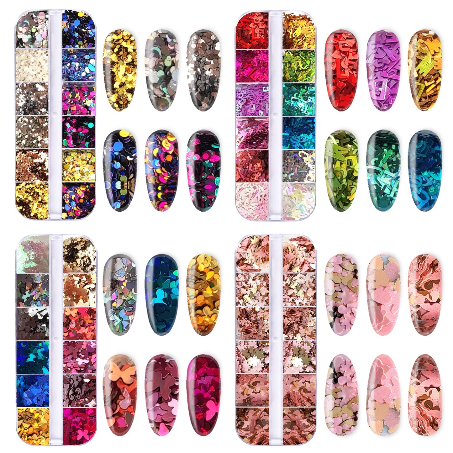AddFavor 4 Boxes Nail Glitter Sequins Kit Mixed Shape Holographic Butterfly Flower Round Heart Nail Art Flakes for Women Body/Face/Hair/Acrylic Nails Decoration Designs Accessories