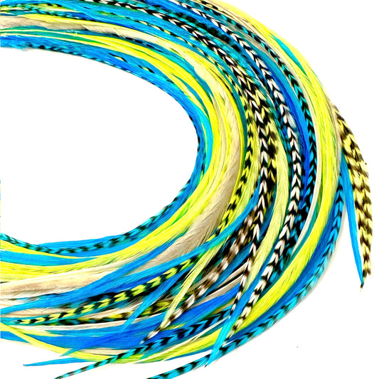 21 Neon Green & Turquoise Color Hair Feathers - 9”- 14” Long - Feathers for Hair Extension, Hair Extension DIY Kit - Eye-Catching Design - 20 Micro-link Beads - 100% Real Rooster Feathers