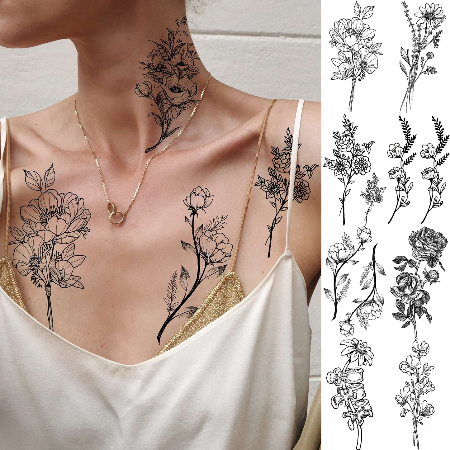 19 Sheets Sexy Realistic Black Flower Bouquet Temporary Tattoos For Women Girls Adults Arm Hand Neck Tatoos Set, Waterproof Small Fake Lavender Sunflower Floral Tattoo Stickers Tiny Branch Tattoo Kit