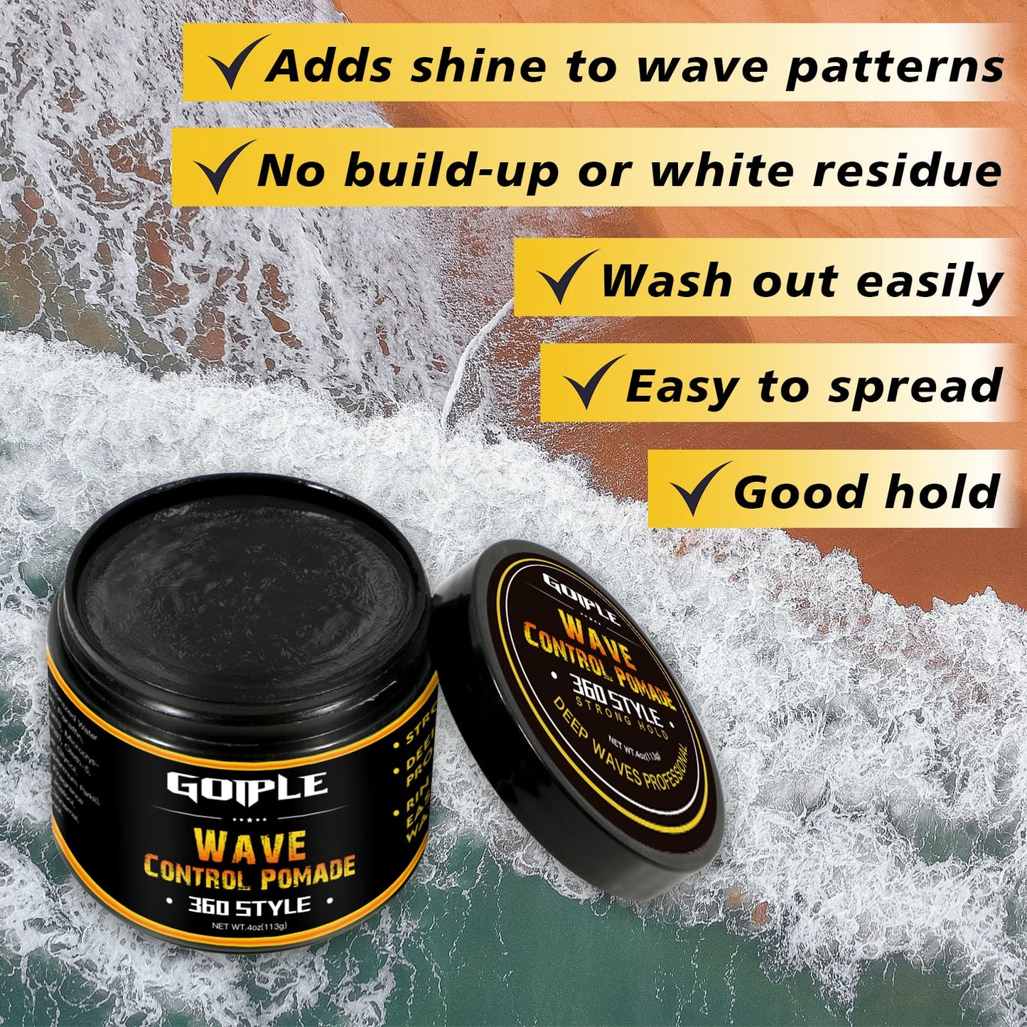 Natural Wave Pomade for Men Strong Hold, Easy Wash 360 Wave Training Hair Cream, Waves Grease for Men Promotes Layered Waves, Moisture, Control & Shine (Wave Pomade+Wave Brushes*2+ Silky Durag)
