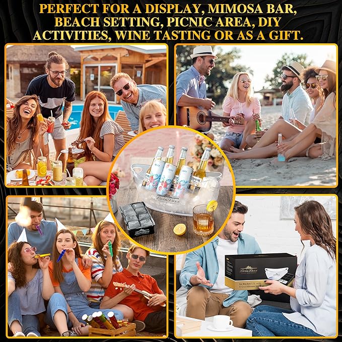 Acrylic Ice Bucket for Parties with Silicone Ice Cube Tray - Clear Champagne Bucket 5.5 Liter - Beverage Tub with Big Square Ice Cubes for Cold Drinks - Holds 3-5 Wine or Champagne bottles