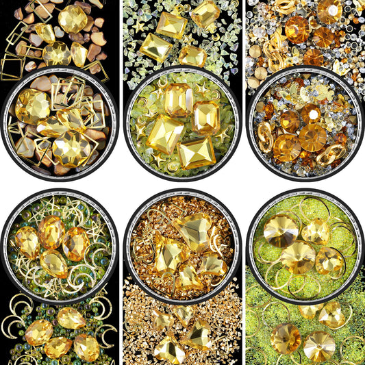 6 Wheels Mixed Sparkle Nail Art Rhinestones Diamonds Crystals Butterfly Beads Artificial Pearls Gold Silver Nail Studs Gems Metal Hollow Rivets Charms (Yellow)