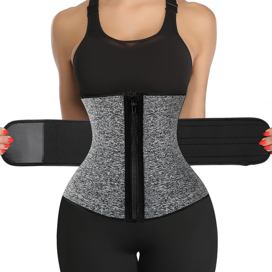 KIWI RATA 2 in 1 Neoprene Sauna Waist Trainer Corset Sweat Belt for Women Tummy Control Bands Compression Workout Fitness Trimmer,#1 Zipper Grey,Small