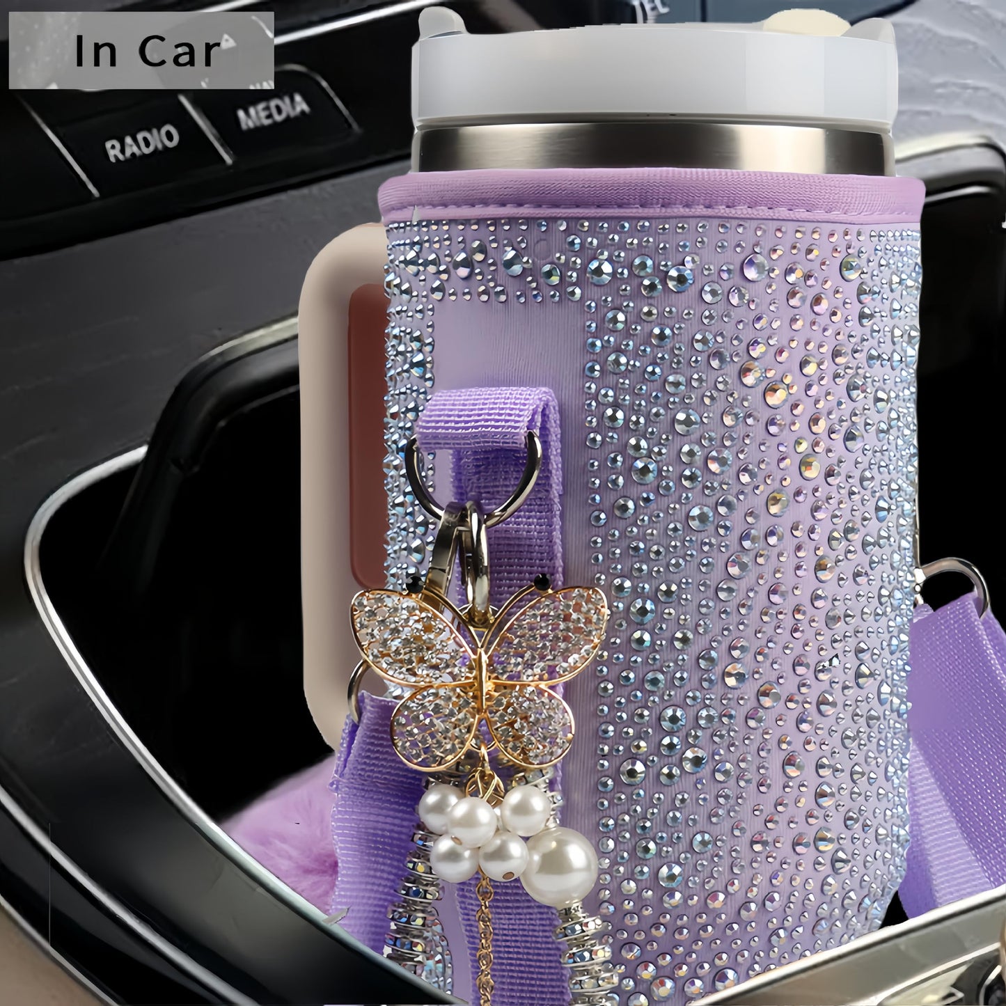 Water Bottle Carrier Bag for Stanley 40oz Tumbler - Stanley Cup Belt Bag with Adjustable Strap, Straw Cover & Pearl Bracelet - Stanley Cup Accessories(Purple Diamond Pro)