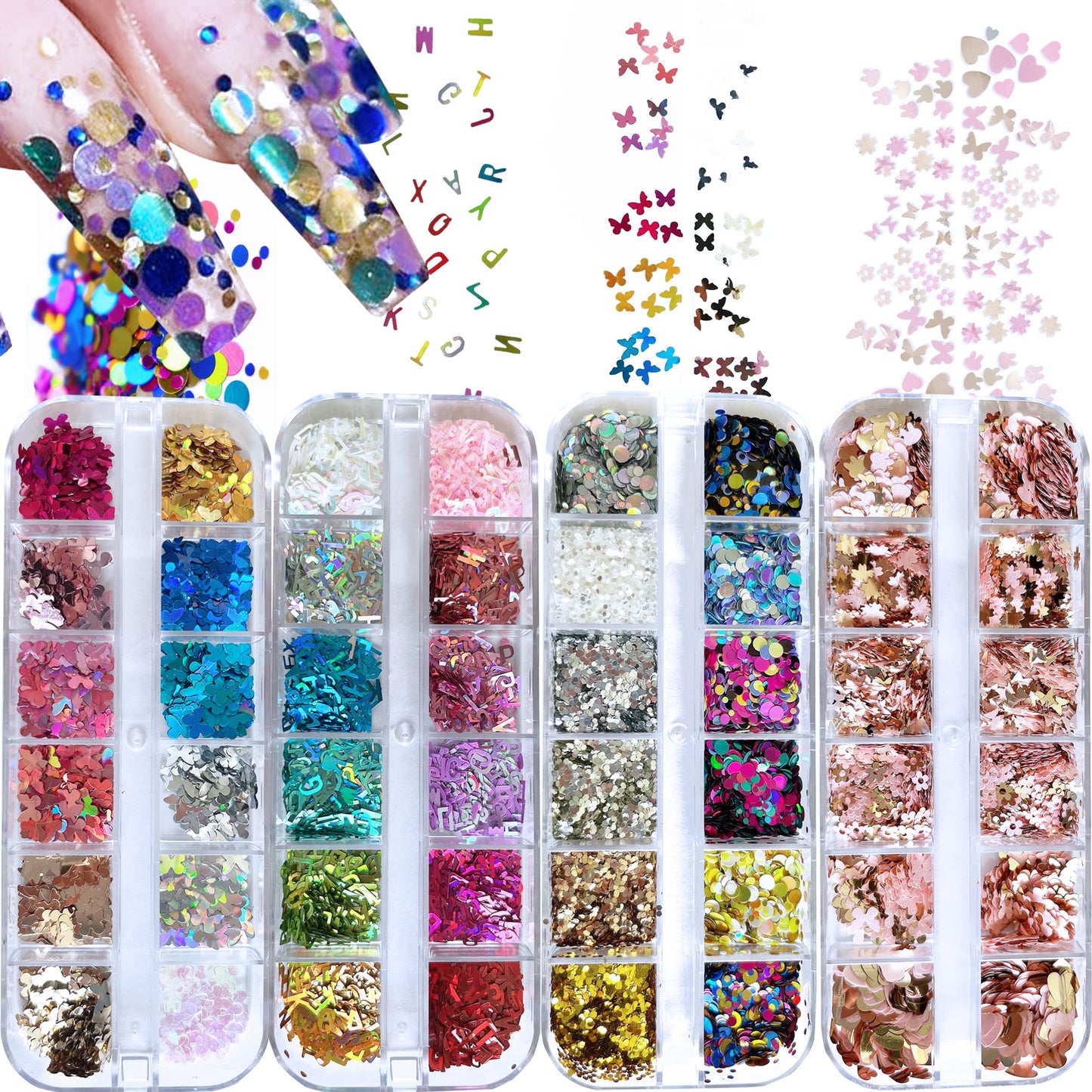AddFavor 4 Boxes Nail Glitter Sequins Kit Mixed Shape Holographic Butterfly Flower Round Heart Nail Art Flakes for Women Body/Face/Hair/Acrylic Nails Decoration Designs Accessories