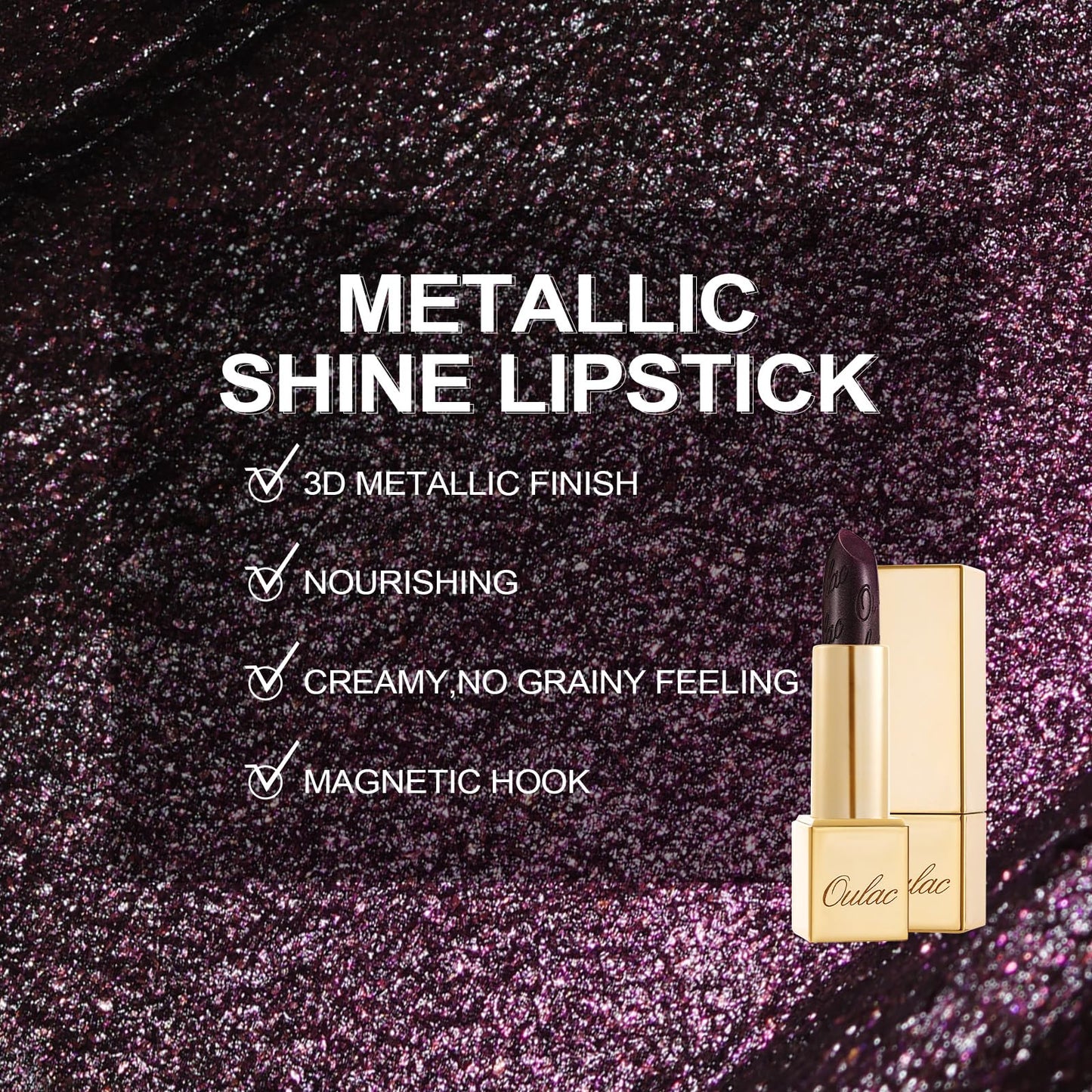 Oulac Metallic Black Lipstick for Women, High-Impact Lipcolor with Moisturizing Creamy Formula, Vegan & Cruelty-Free, Full-Coverage Matte Lipstick, Midnight Mirage (21)