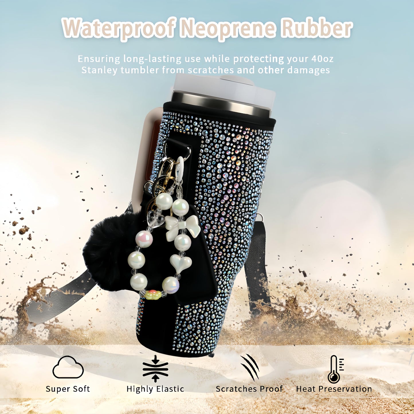 Water Bottle Carrier Bag for Stanley 41oz Tumbler - Stanley Cup Belt Bag with Adjustable Strap, Straw Cover & Pompom Keychains - Stanley Cup Accessories (Black Diamond)