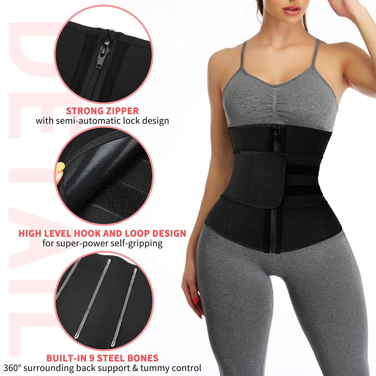 KIWI RATA 2 in 1 Neoprene Sauna Waist Trainer Corset Sweat Belt for Women Tummy Control Bands Compression Workout Fitness Trimmer,#1 Zipper Black,Medium