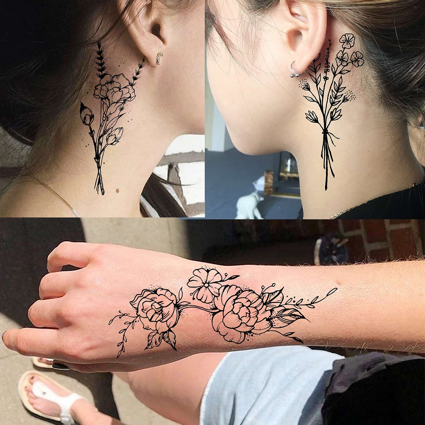 19 Sheets Sexy Realistic Black Flower Bouquet Temporary Tattoos For Women Girls Adults Arm Hand Neck Tatoos Set, Waterproof Small Fake Lavender Sunflower Floral Tattoo Stickers Tiny Branch Tattoo Kit