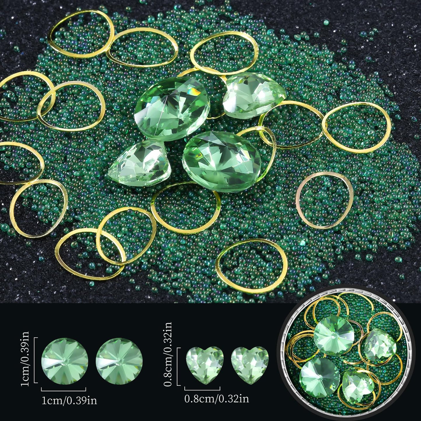 6 Wheels Mixed Sparkle Nail Art Rhinestones Diamonds Crystals Butterfly Beads Artificial Pearls Gold Silver Nail Studs Gems Metal Hollow Rivets Charms (Grass Green)