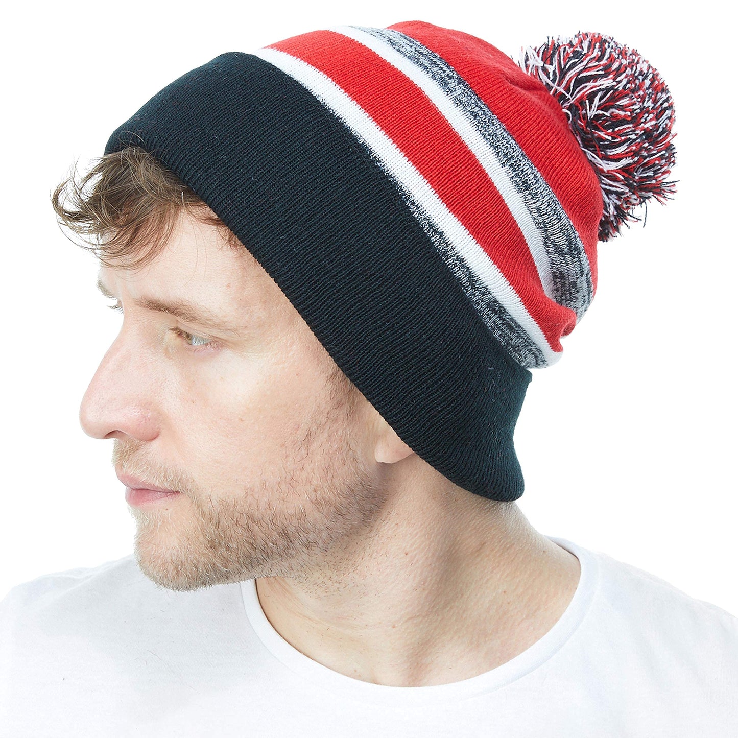 The Hat Depot Winter Soft Unisex Pom Pom Plain Knit Beanie Skully Hat (Black and Red with Pom)