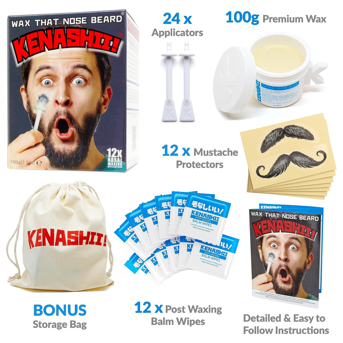 KENASHII Nose Wax Kit | 100 g Wax, 24 Applicators | Hair Removal Kit for Men and Women | Includes Balm Wipes and Mustache Guards | Lasts up to 5 Weeks