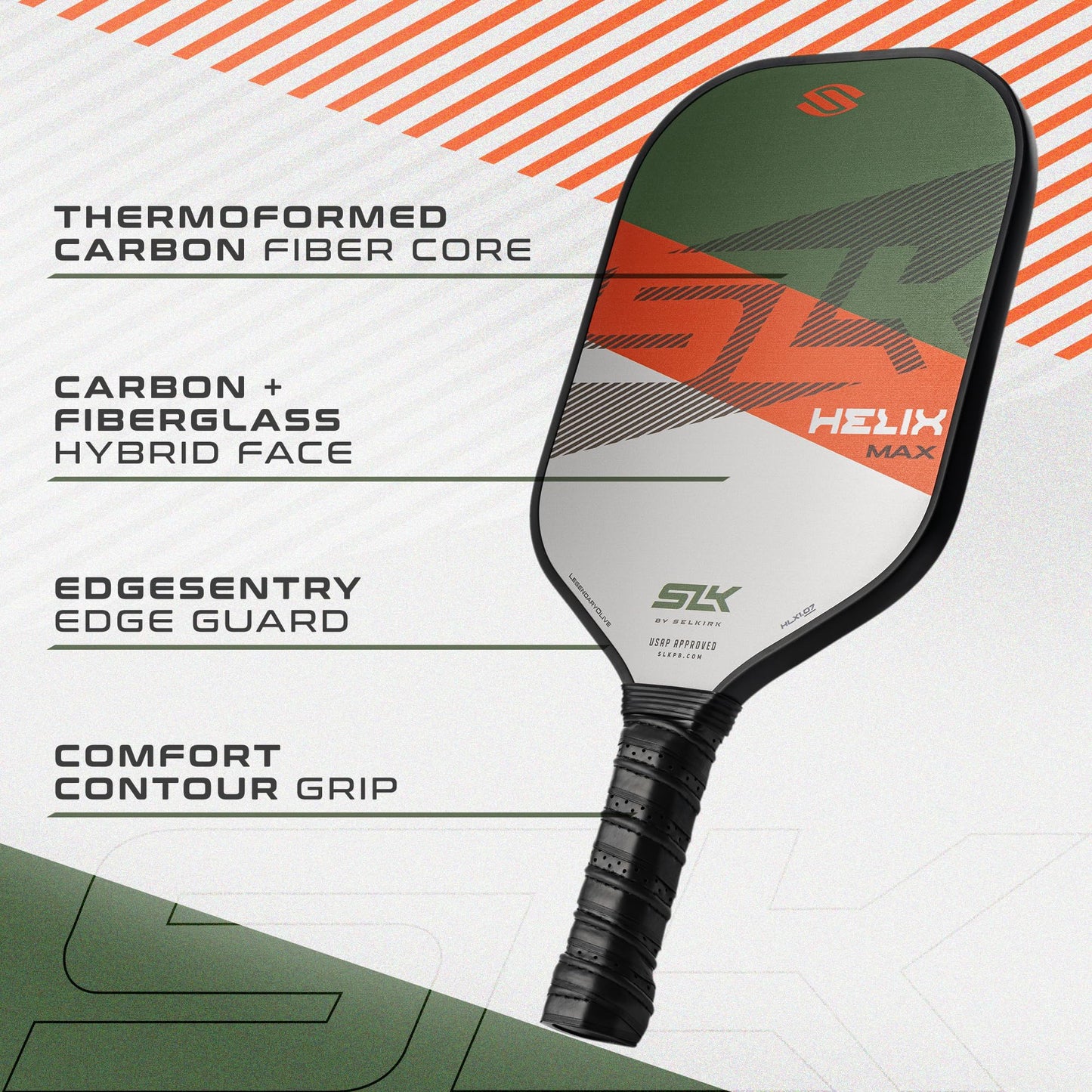 2024 SLK Helix Pro Pickleball Paddle | Carbon Fiber & Fiberglass Hybrid Face | Thermoformed Carbon Fiber Core | Unmatched Control | Legend Olive