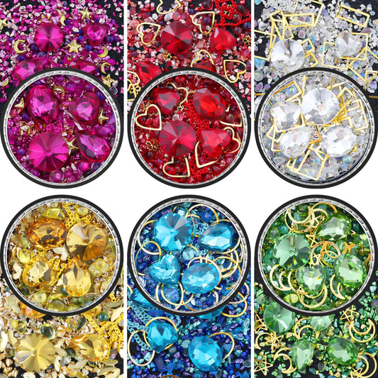 6 Wheels Mixed Sparkle Nail Art Rhinestones Diamonds Crystals Butterfly Beads Artificial Pearls Gold Silver Nail Studs Gems Metal Hollow Rivets Charms (Kit-3)
