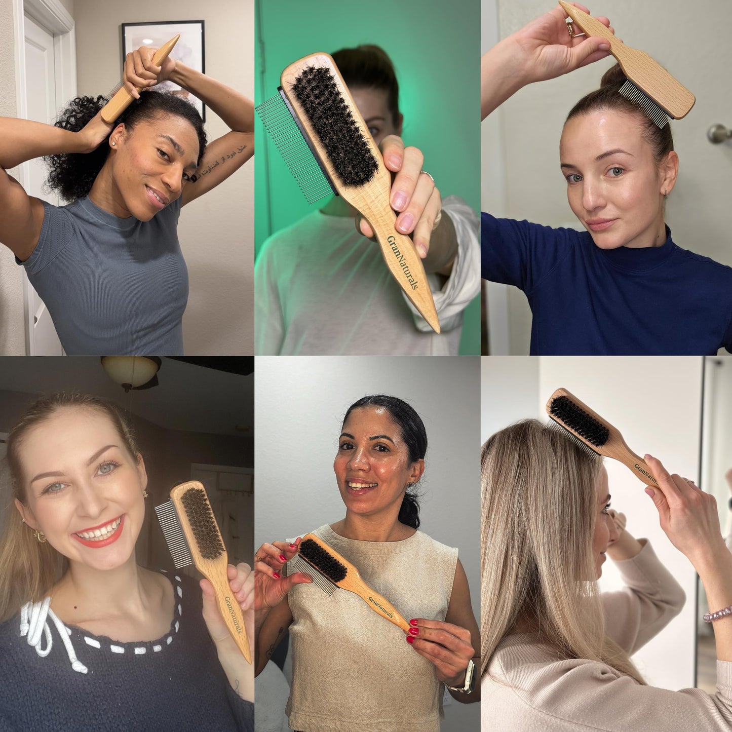 GranNaturals Boar Bristle Slick Back Hair Brush w/Comb for Smoothing Sleek Ponytail Bun - Wide Rat Tail & Metal Comb Hairbrush for Parting, Teasing, Backcombing, Sectioning, Edge Control, Flyaways