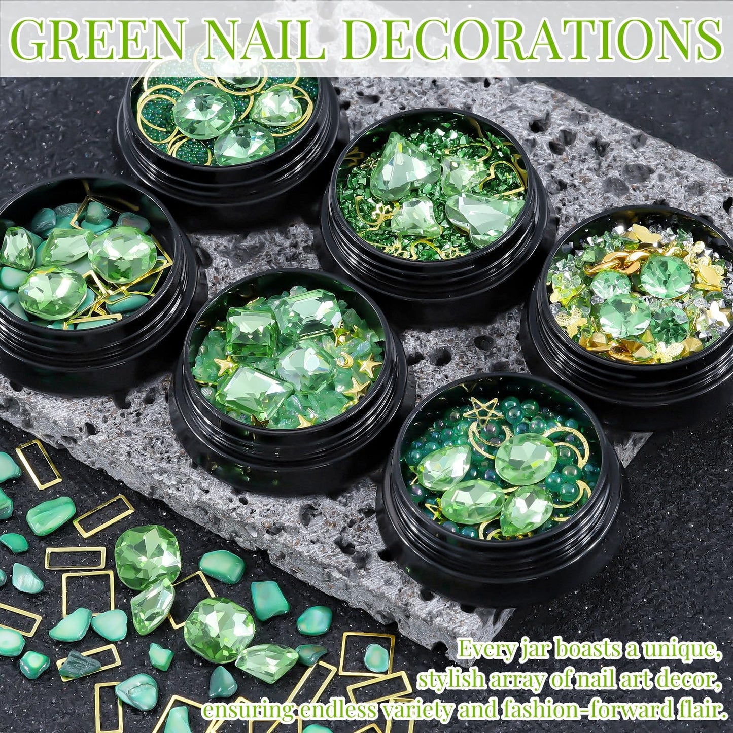6 Wheels Mixed Sparkle Nail Art Rhinestones Diamonds Crystals Butterfly Beads Artificial Pearls Gold Silver Nail Studs Gems Metal Hollow Rivets Charms (Grass Green)