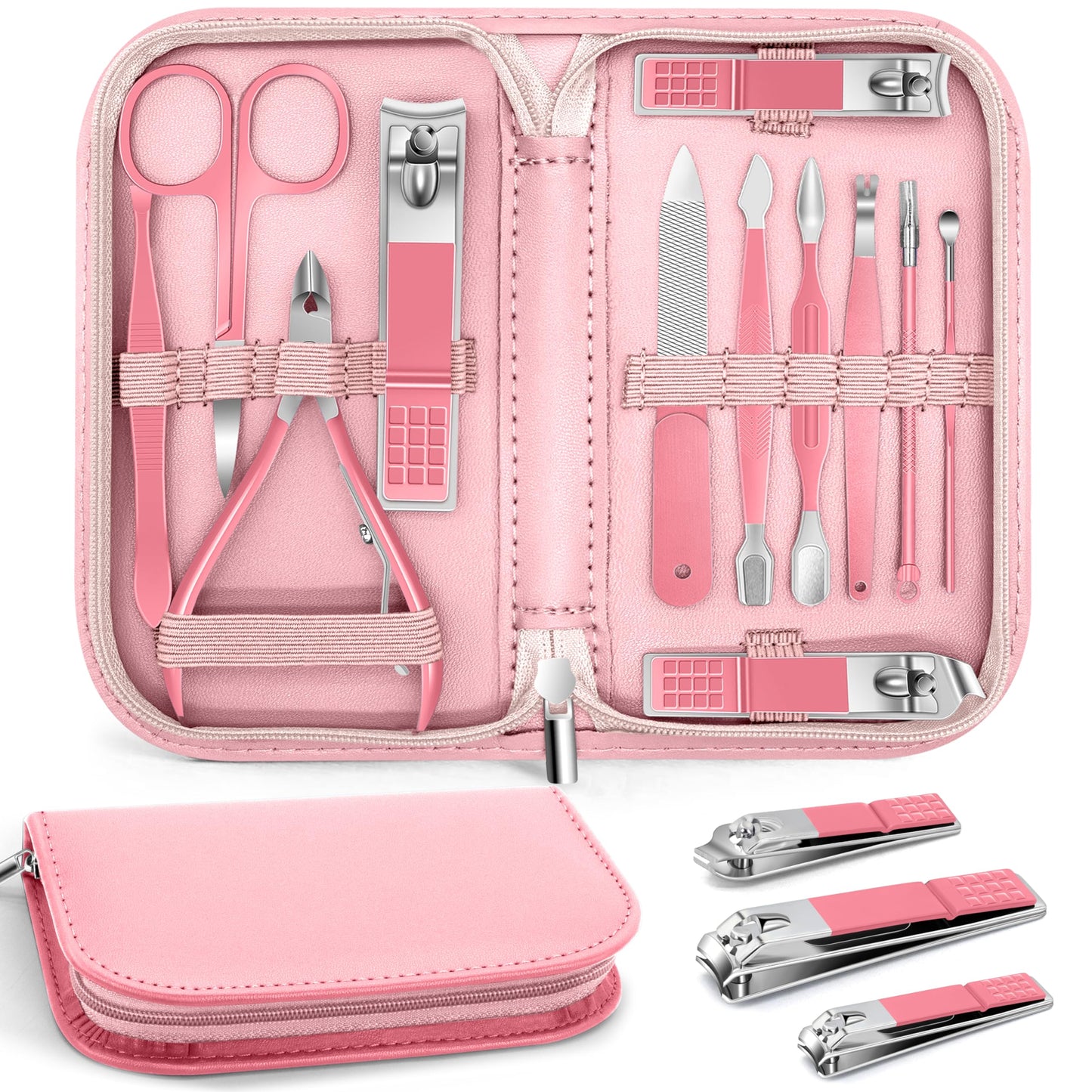 BLESWIN Manicure Pedicure Set, 12 Pcs Nail Care Kit for Women, Mens Nail Grooming Kit, Manicure & Pedicure Tools & Accessories, Pink Nail Kit Manicure Set Luxury Leather Case for Home Salon Use