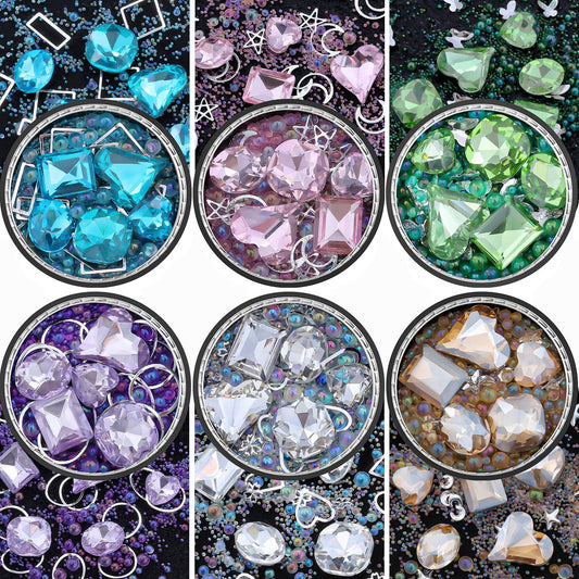 6 Wheels Mixed Sparkle Nail Art Rhinestones Diamonds Crystals Butterfly Beads Artificial Pearls Gold Silver Nail Studs Gems Metal Hollow Rivets Charms (Kit-2)