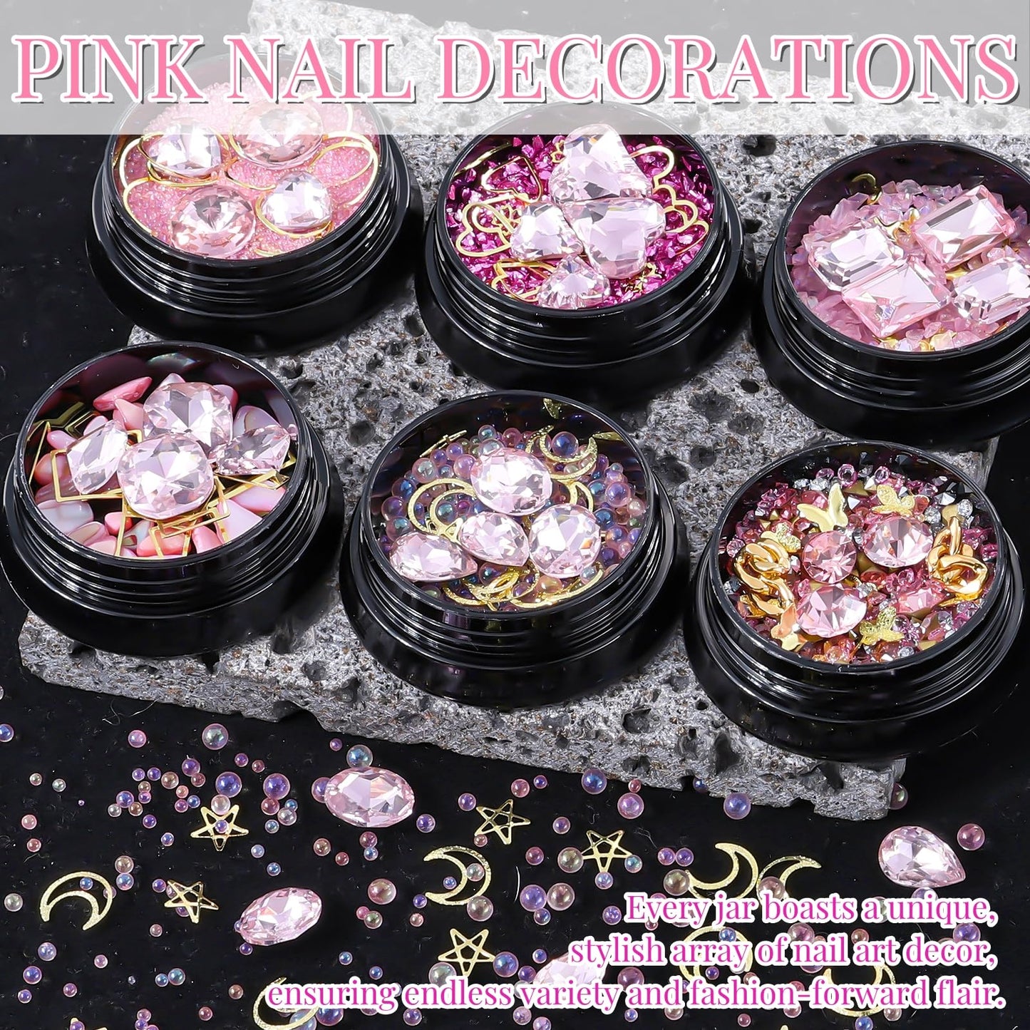 6 Wheels Mixed Sparkle Nail Art Rhinestones Diamonds Crystals Butterfly Beads Artificial Pearls Gold Silver Nail Studs Gems Metal Hollow Rivets Charms (Pink)