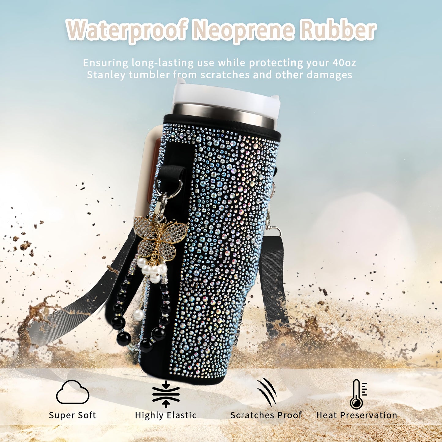 Water Bottle Carrier Bag for Stanley 40oz Tumbler - Stanley Cup Belt Bag with Adjustable Strap, Straw Cover & Pearl Bracelet - Stanley Cup Accessories(Black Diamond Pro)