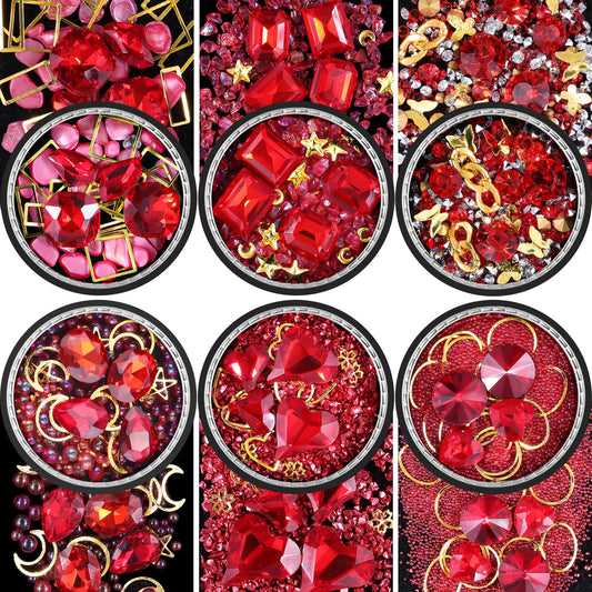 6 Wheels Mixed Sparkle Nail Art Rhinestones Diamonds Crystals Butterfly Beads Artificial Pearls Gold Silver Nail Studs Gems Metal Hollow Rivets Charms (Red)