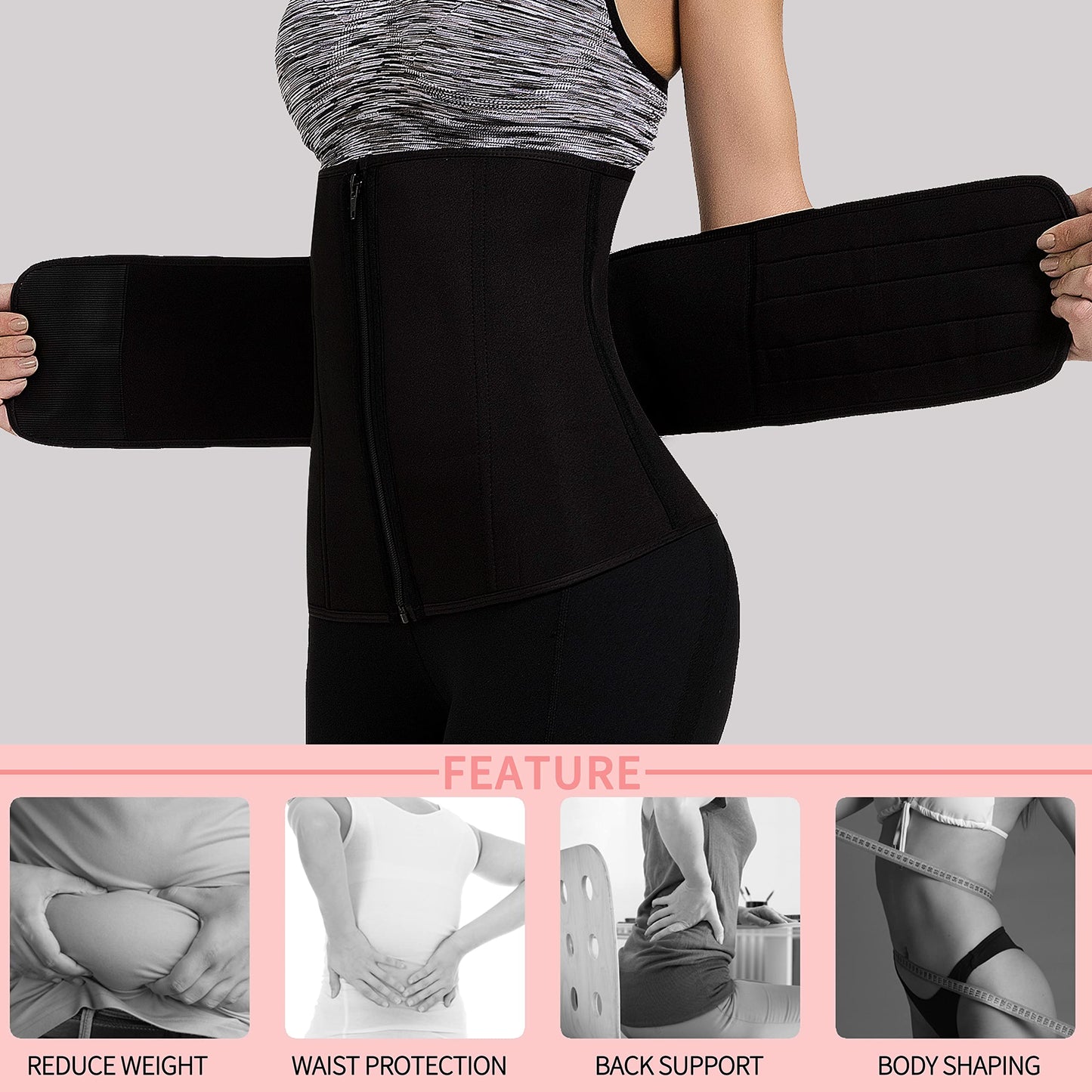 KIWI RATA 2 in 1 Neoprene Sauna Waist Trainer Corset Sweat Belt for Women Tummy Control Bands Compression Workout Fitness Trimmer,#1 Zipper Black,Medium