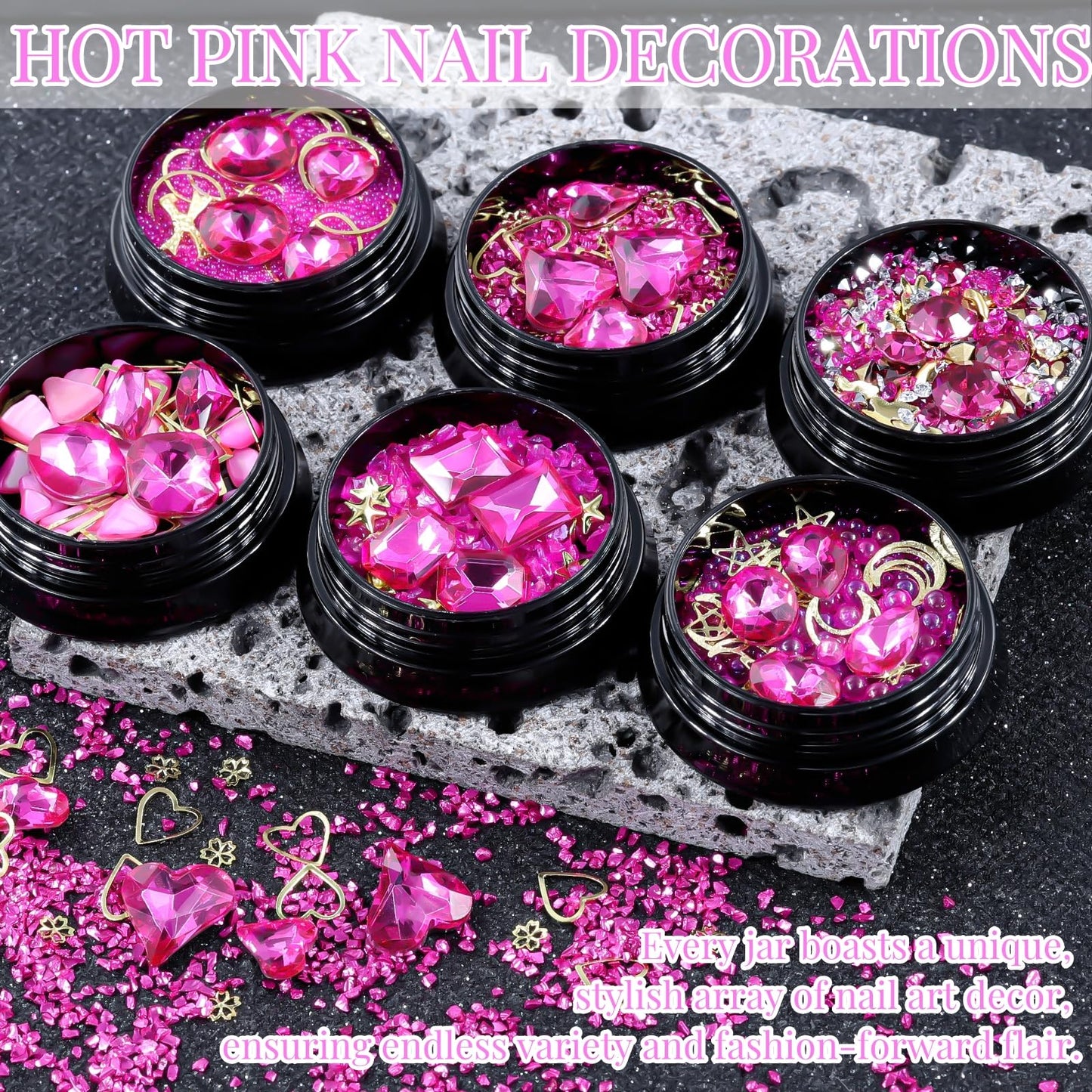 6 Wheels Mixed Sparkle Nail Art Rhinestones Diamonds Crystals Butterfly Beads Artificial Pearls Gold Silver Nail Studs Gems Metal Hollow Rivets Charms (Hot Pink)