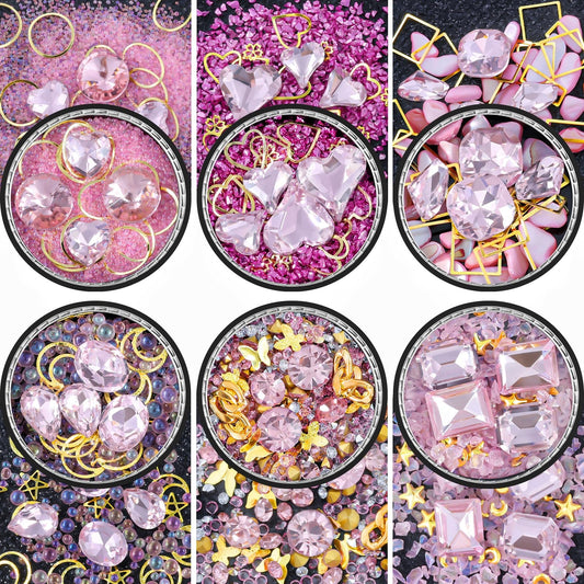 6 Wheels Mixed Sparkle Nail Art Rhinestones Diamonds Crystals Butterfly Beads Artificial Pearls Gold Silver Nail Studs Gems Metal Hollow Rivets Charms (Pink)