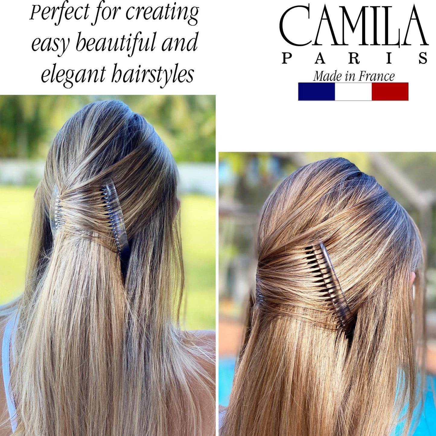 Camila Paris CP2911 French Side Combs Large Curved, Clear French Twist Hair Combs Decorative, Strong Hold Hair Clips for Women Bun Chignon Up-Do, No Slip Styling Girls Hair Accessories, Made in France