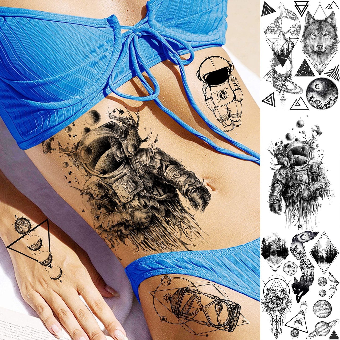 33 Sheets Outer Space Temporary Tattoos for Kids Boys Girl Women Men Adults Children, Geometry Astronaut Universe Fake Tattoo Star Moon Solar Syetem