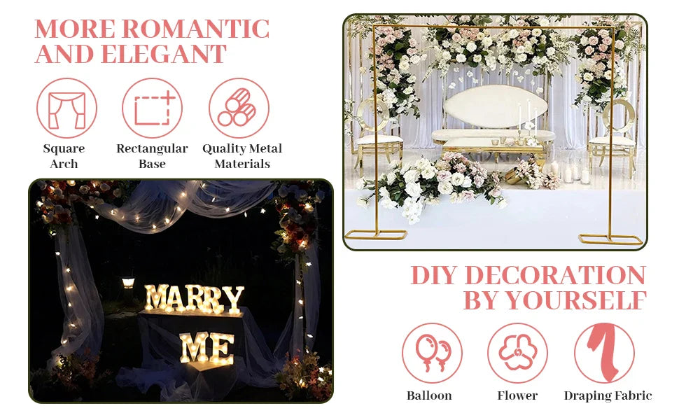 2*2.1M Gold Wedding Arch Door Square Metal Flower Rack with Bases Background Decorative Frame for Wedding Party