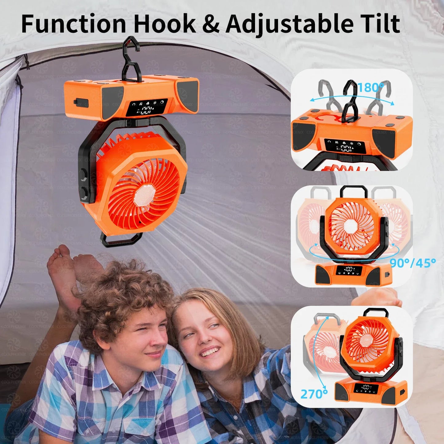 20000mAh Camping Fan Rechargeable Battery Portable Outdoor Fan Wireless Tent Ceiling Fan Air Circulators with Hook and LED Light
