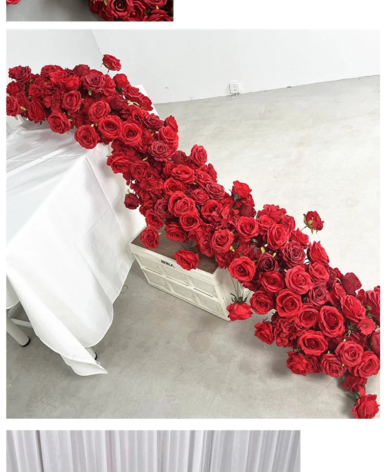 Artificial Red Rose Green Plants Flower Row Long Runner Wedding Backdrop Decor Floral Arrangement Party Props Table Centerpiece
