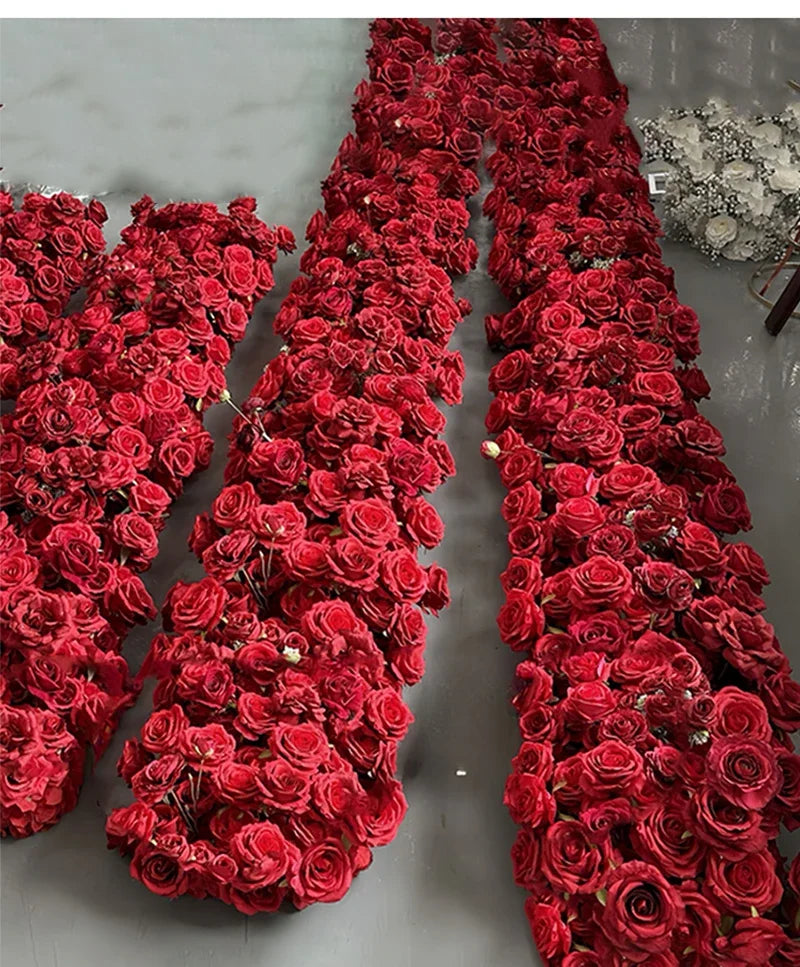 Artificial Red Rose Green Plants Flower Row Long Runner Wedding Backdrop Decor Floral Arrangement Party Props Table Centerpiece