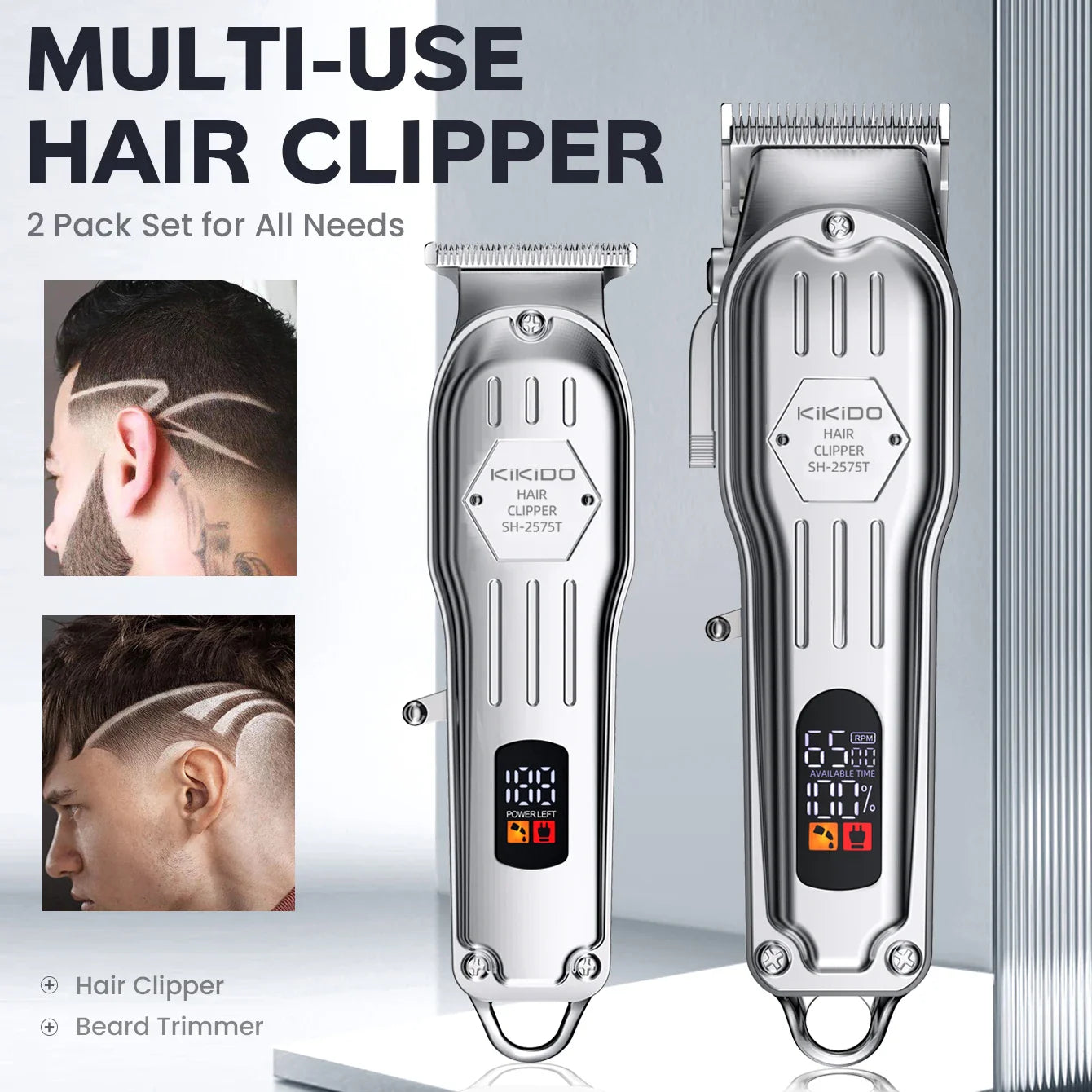 KIKIDO 2in1 Adjustable Cordless Hair Cutting Machine Full Metal Combo Kit Barber Hair Clipper Beard Shaver Kit for Men Gift2575T