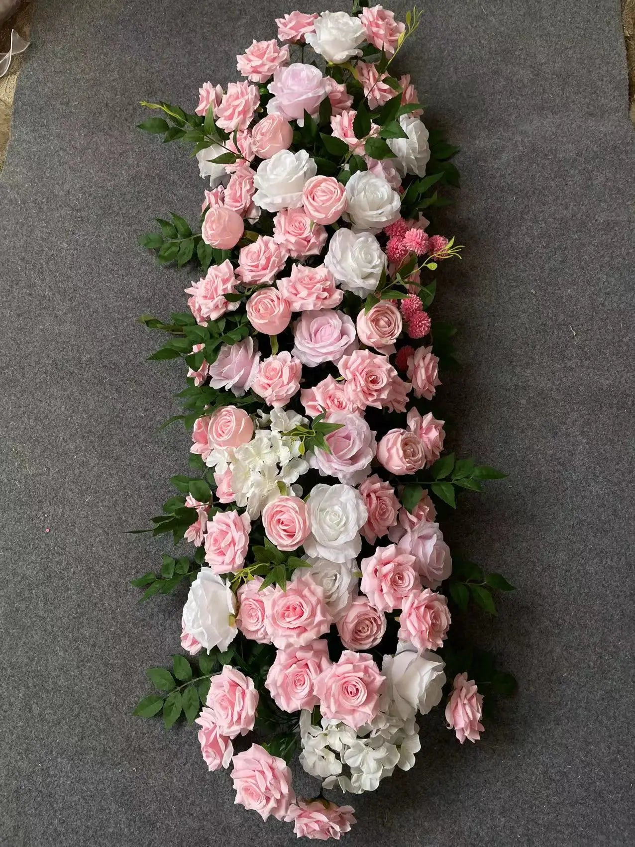 Artificial Red Rose Green Plants Flower Row Long Runner Wedding Backdrop Decor Floral Arrangement Party Props Table Centerpiece
