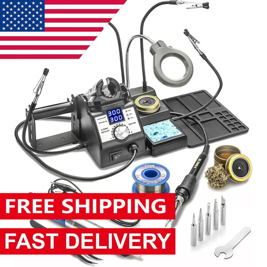3060-PRO • 75W Soldering Iron Station Kit • 5 Extra Tips • Mini Mag Lamp • 4 Helping Hands • Solder Sucker Tweezers • 50g Solder