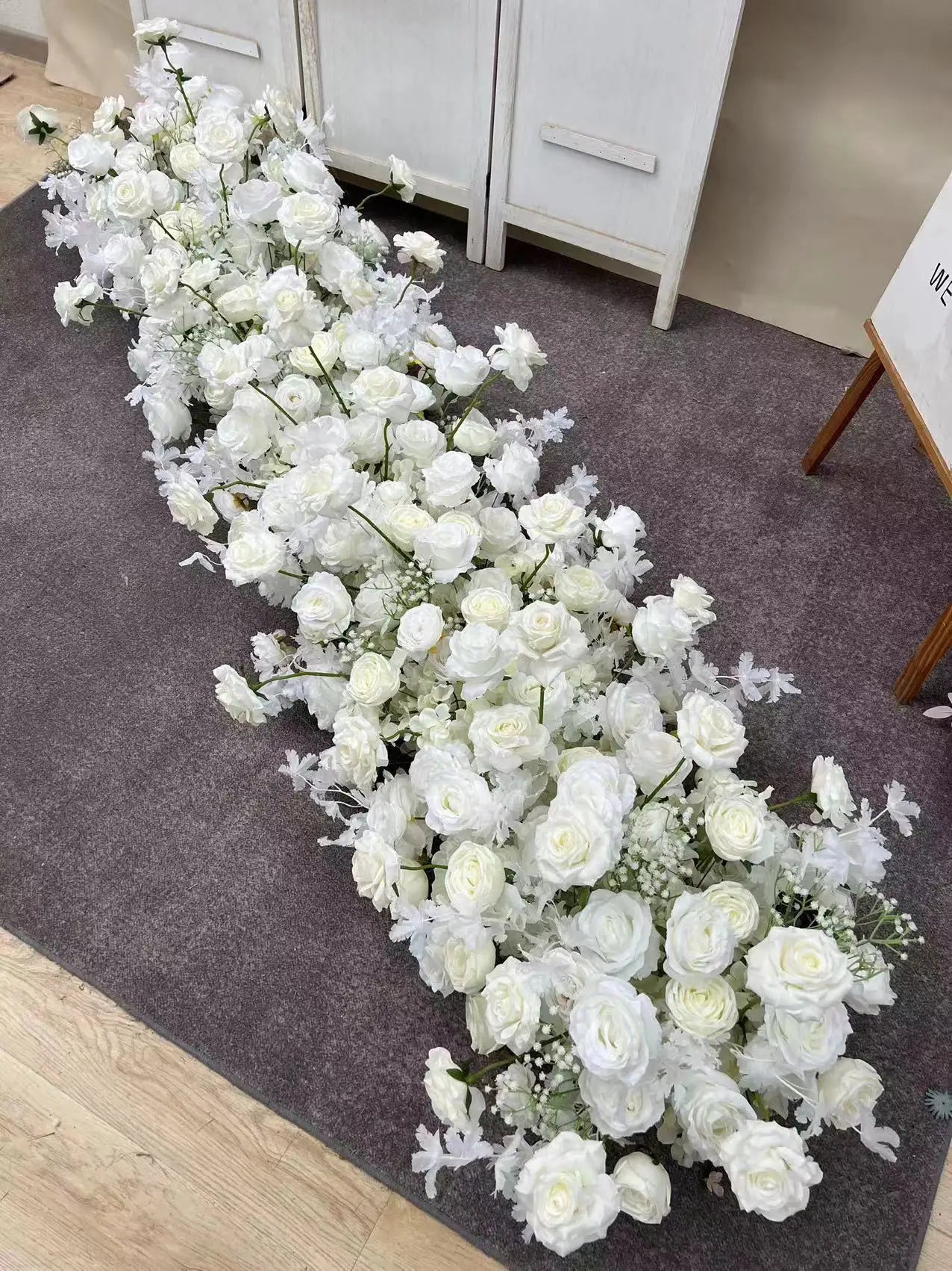 Artificial Red Rose Green Plants Flower Row Long Runner Wedding Backdrop Decor Floral Arrangement Party Props Table Centerpiece