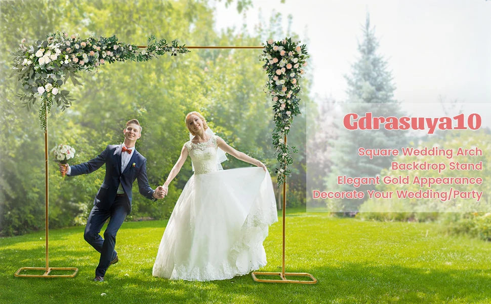 2*2.1M Gold Wedding Arch Door Square Metal Flower Rack with Bases Background Decorative Frame for Wedding Party