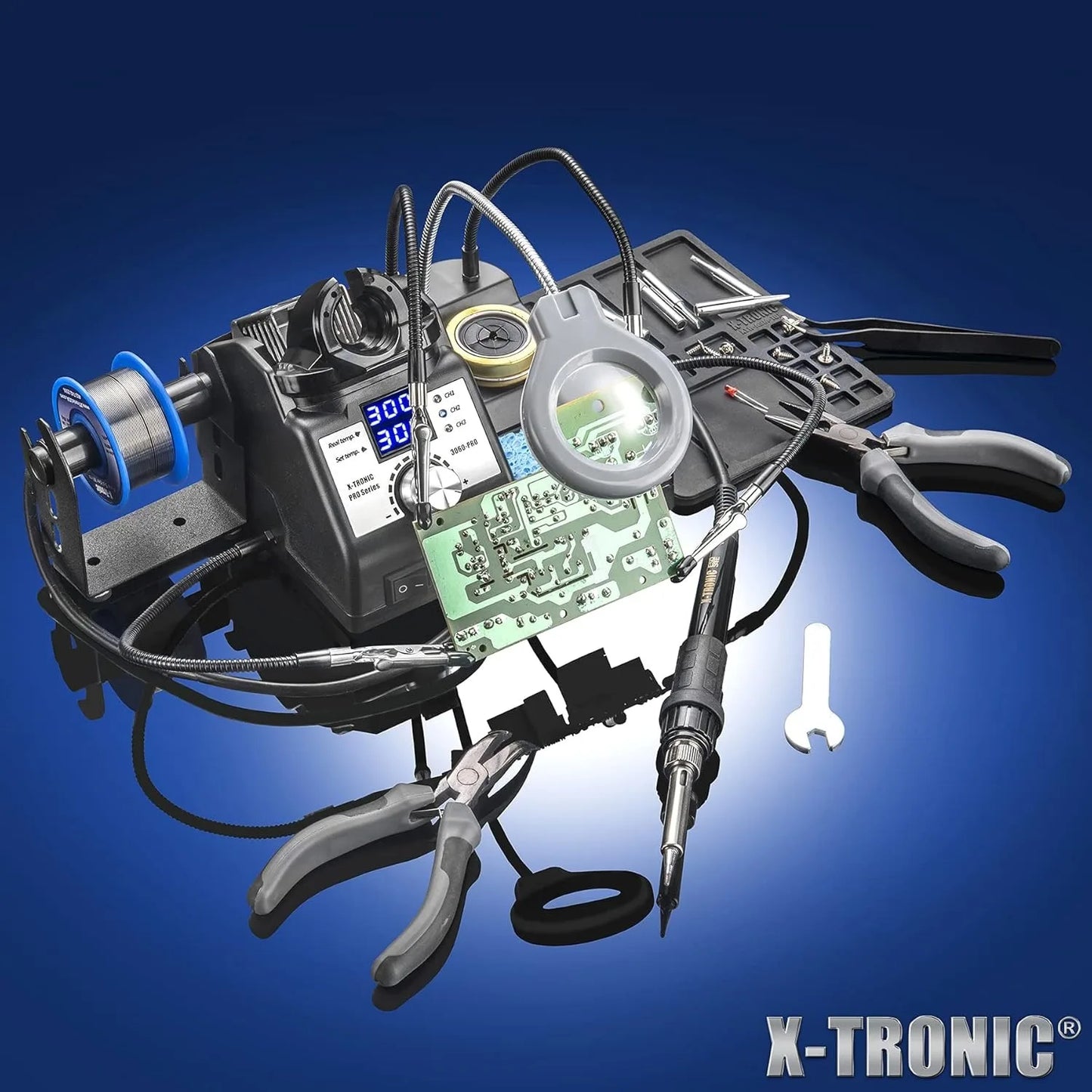 3060-PRO • 75W Soldering Iron Station Kit • 5 Extra Tips • Mini Mag Lamp • 4 Helping Hands • Solder Sucker Tweezers • 50g Solder