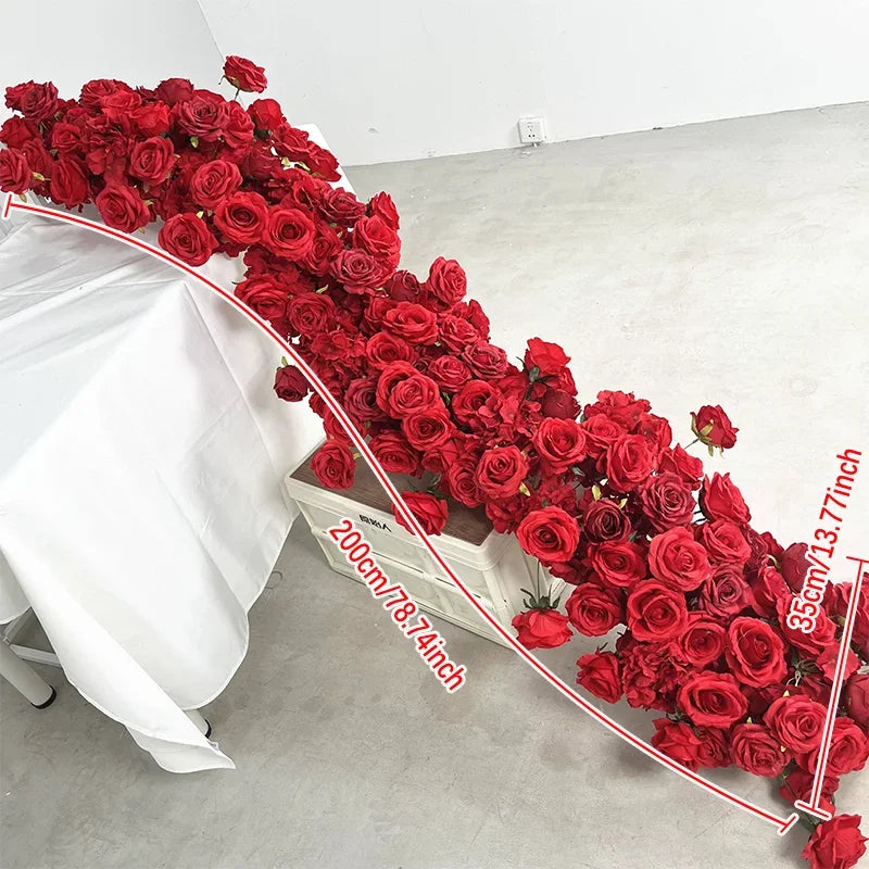 Artificial Red Rose Green Plants Flower Row Long Runner Wedding Backdrop Decor Floral Arrangement Party Props Table Centerpiece