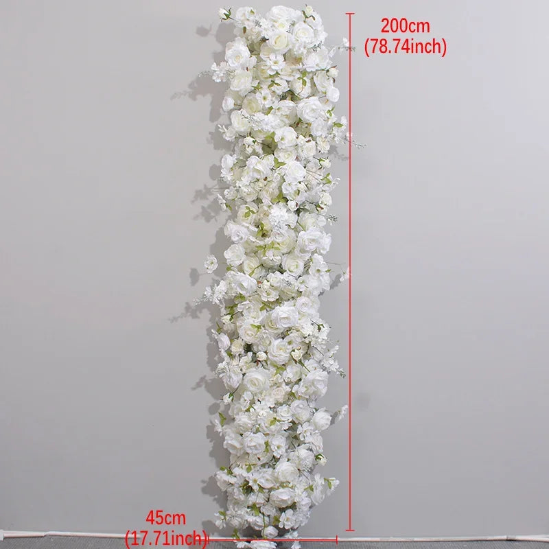 Artificial Red Rose Green Plants Flower Row Long Runner Wedding Backdrop Decor Floral Arrangement Party Props Table Centerpiece