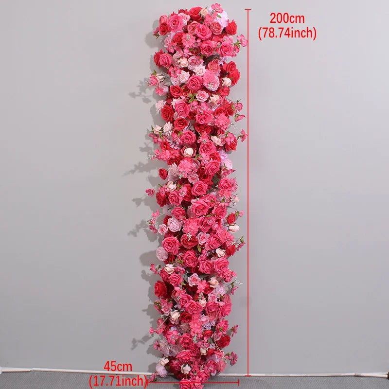 Artificial Red Rose Green Plants Flower Row Long Runner Wedding Backdrop Decor Floral Arrangement Party Props Table Centerpiece