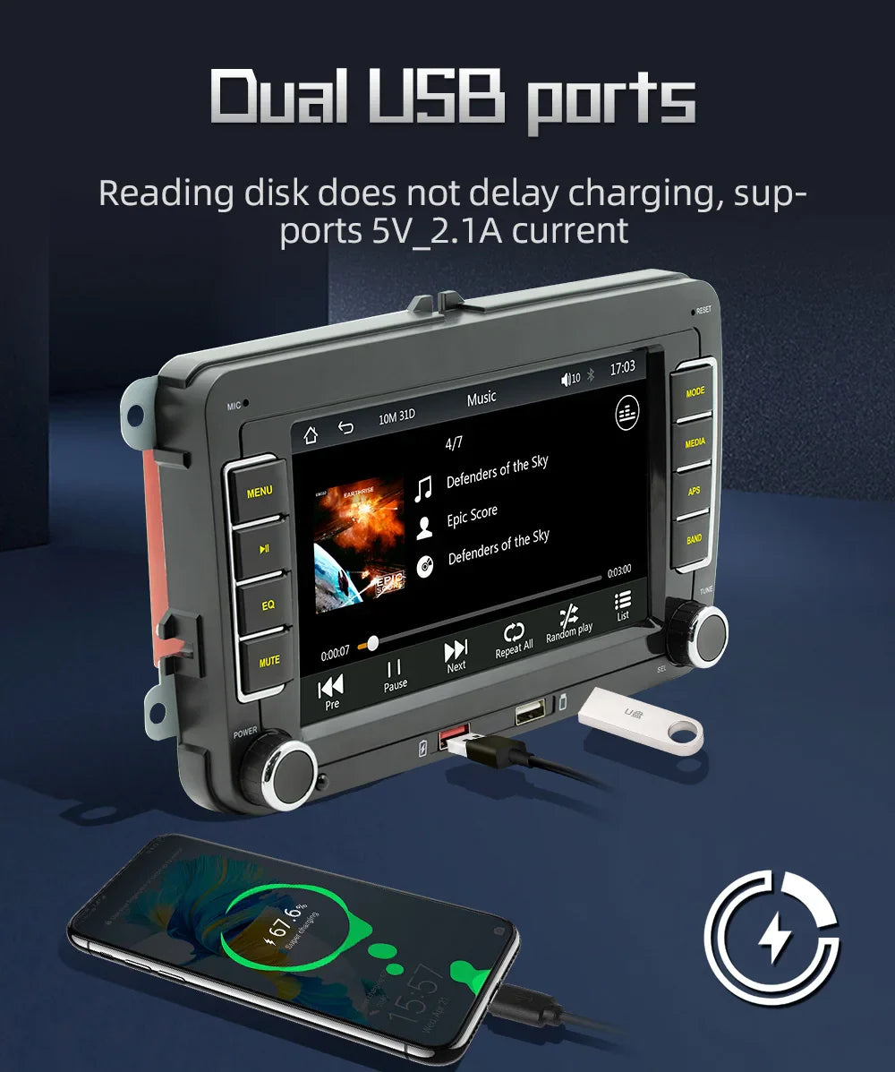 7" 2 Din HD Car Media Video RDS Airplay Car Radio Wireless CarPlay Android Auto Stereo Audio For VW/Seat/Skoda/Passat/Golf/Polo
